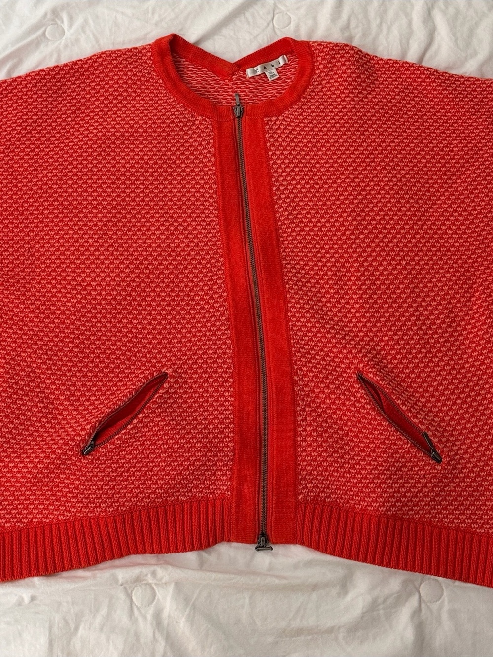CAbi Coral-Red Zip-Front Textured Knit Cardigan